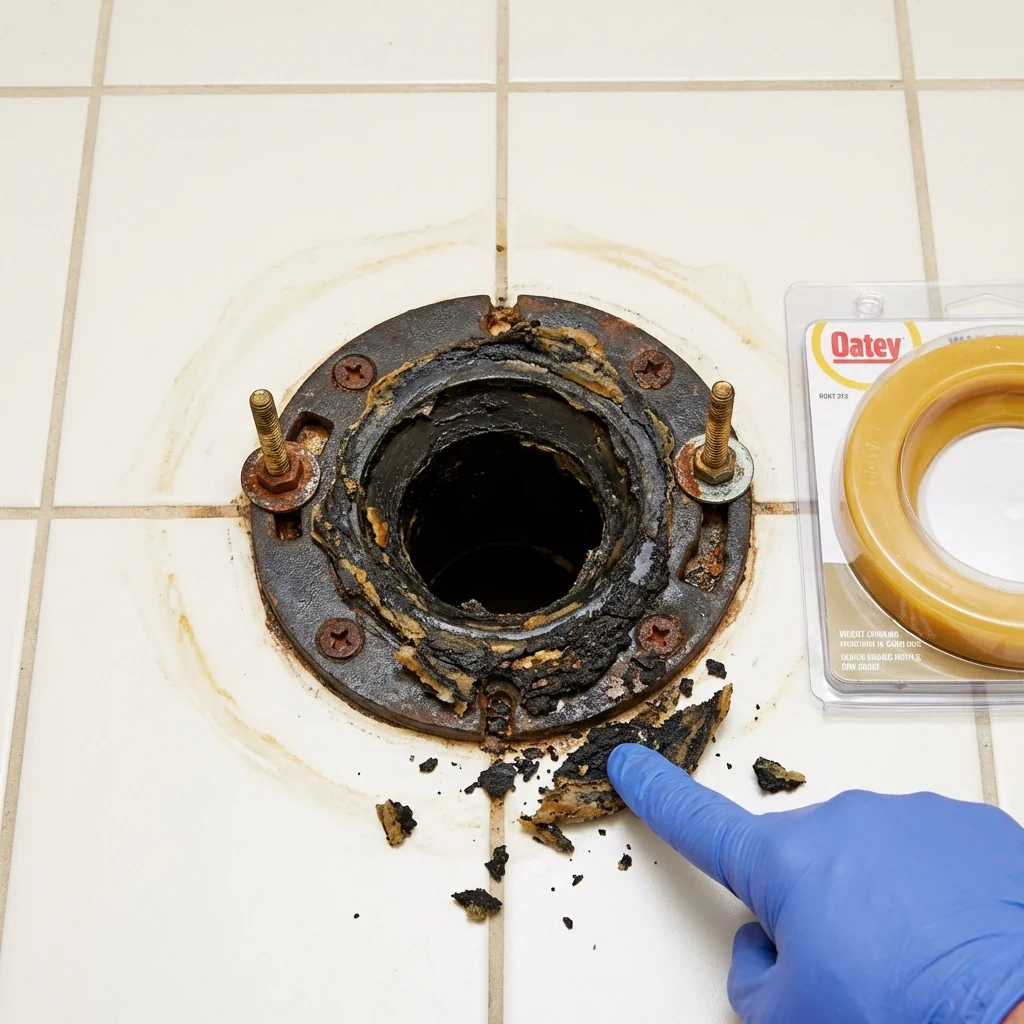 Failed wax ring showing water seepage at the base of a toilet in a Prospect, CT home