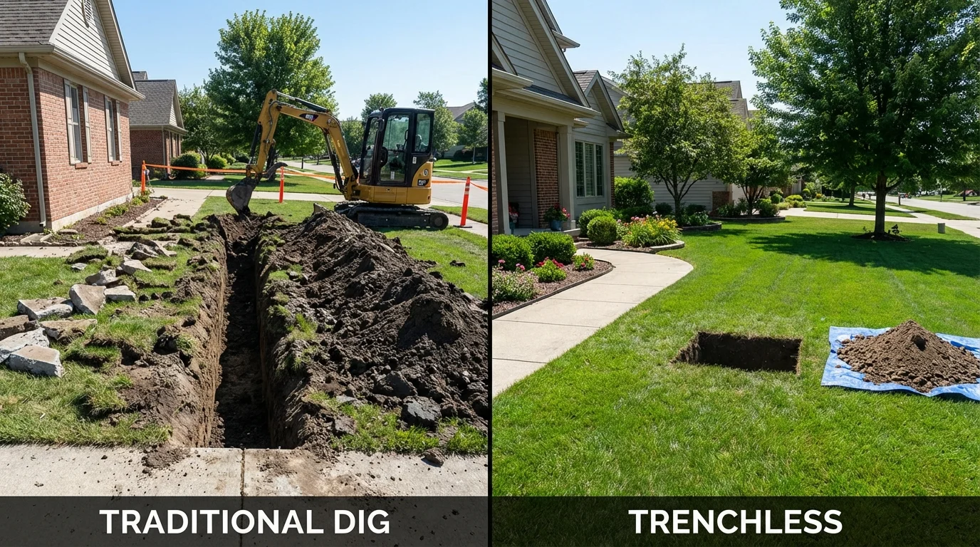 Trenchless sewer repair with minimal yard damage versus traditional excavation in Prospect, CT