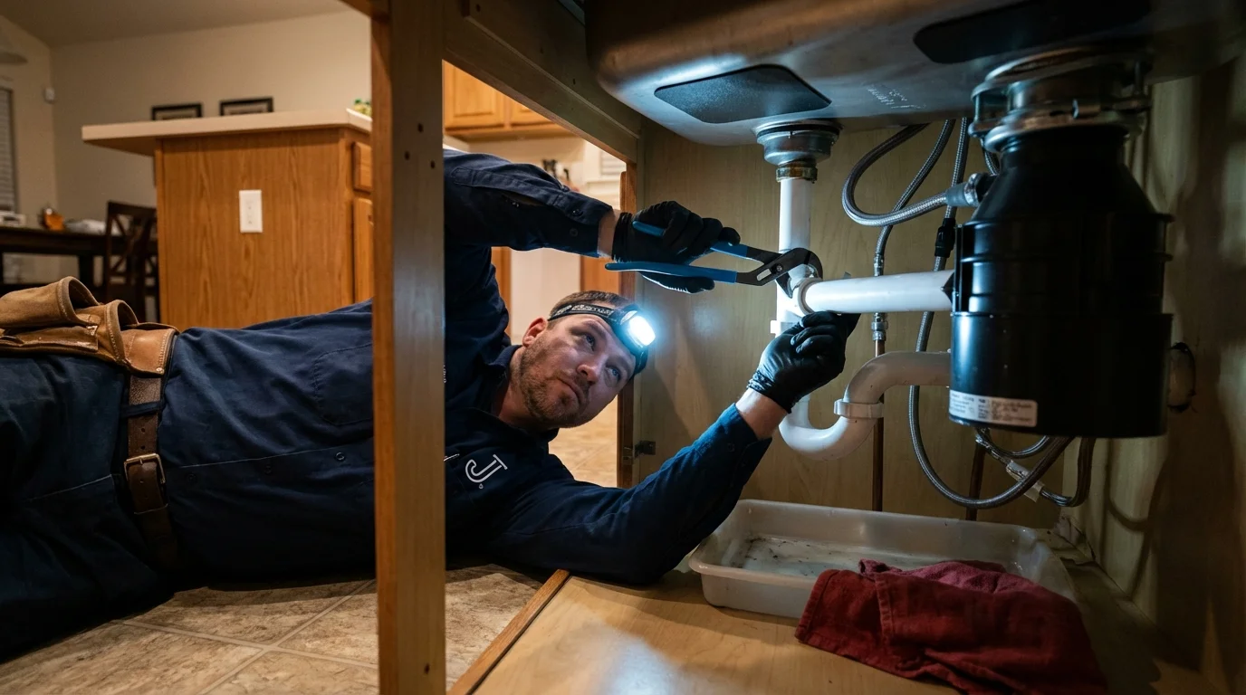 P-trap and supply line connections under a kitchen sink showing a common leak point in Prospect, CT